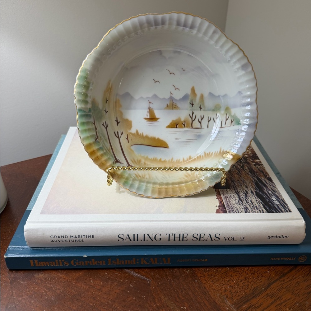 Antique 1930s Scenic Decorative Plate with Gold Trim